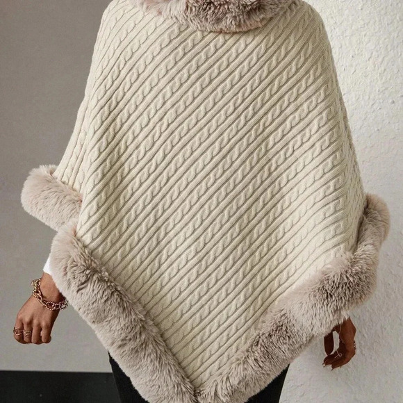 Apricot Casual Women's Turtleneck Fuzzy Trim Batwing Sleeve Poncho Sweater - Picture 2 of 7